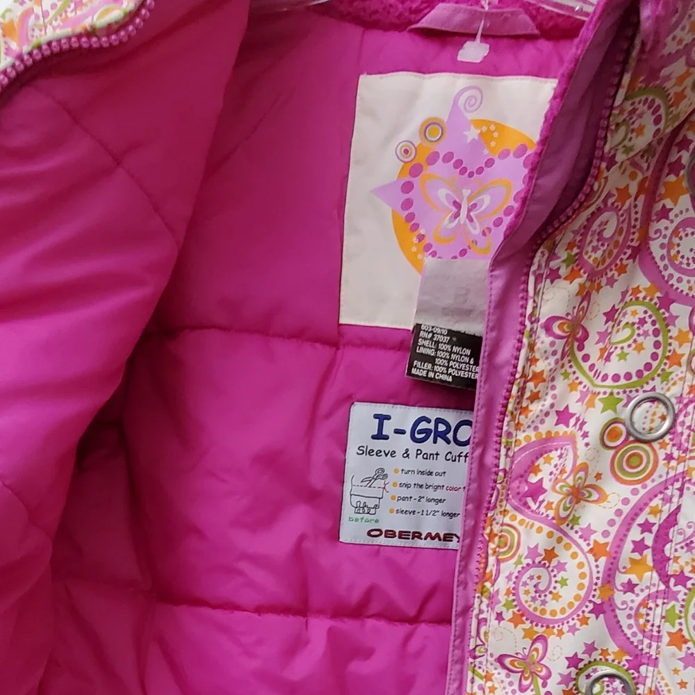 Obermeyer Pink Floral Paisley Ski Winter Jacket Hood Pockets Size 8 Girls